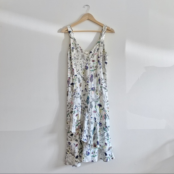 White floral print spring/summer dress with asymmetrical midi ruffled hem - Picture 1 of 7